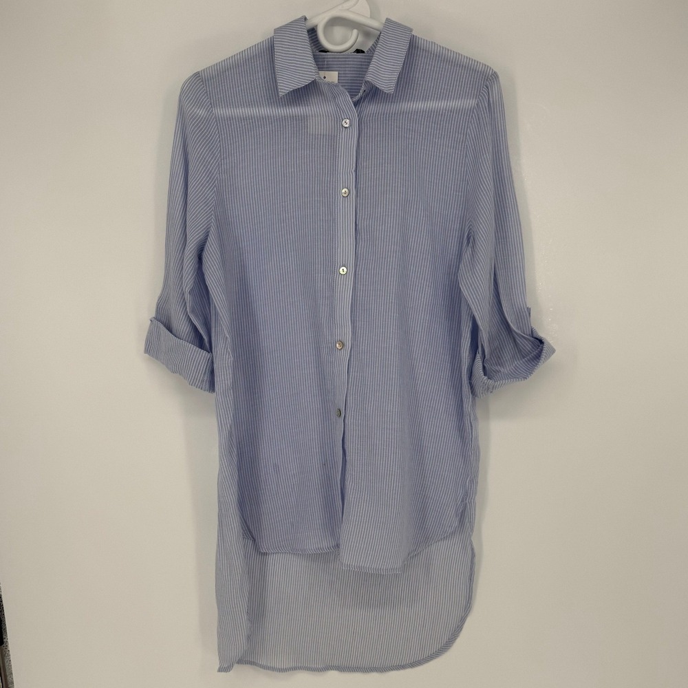 Tresics Womens Blue White Pinstripe Roll Tab Sleeve High Low Button Down Shirt M